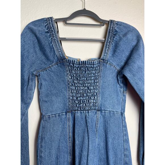 Future Collection Women's Puff Sleeve Square Neck 70s Bohemian Denim Dress 0 - Picture 8 of 16